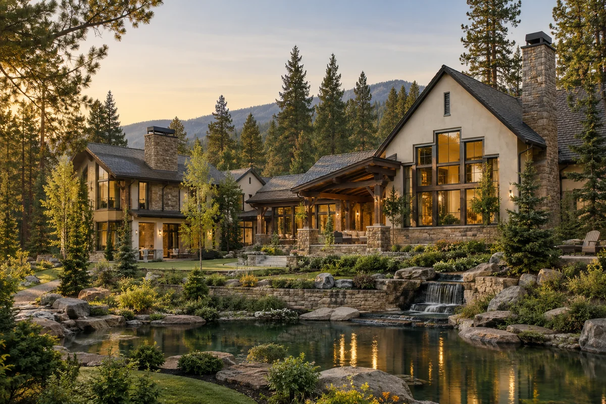 Generated conceptual image of an upscale lodge with stone and ivory facades among evergreen trees.